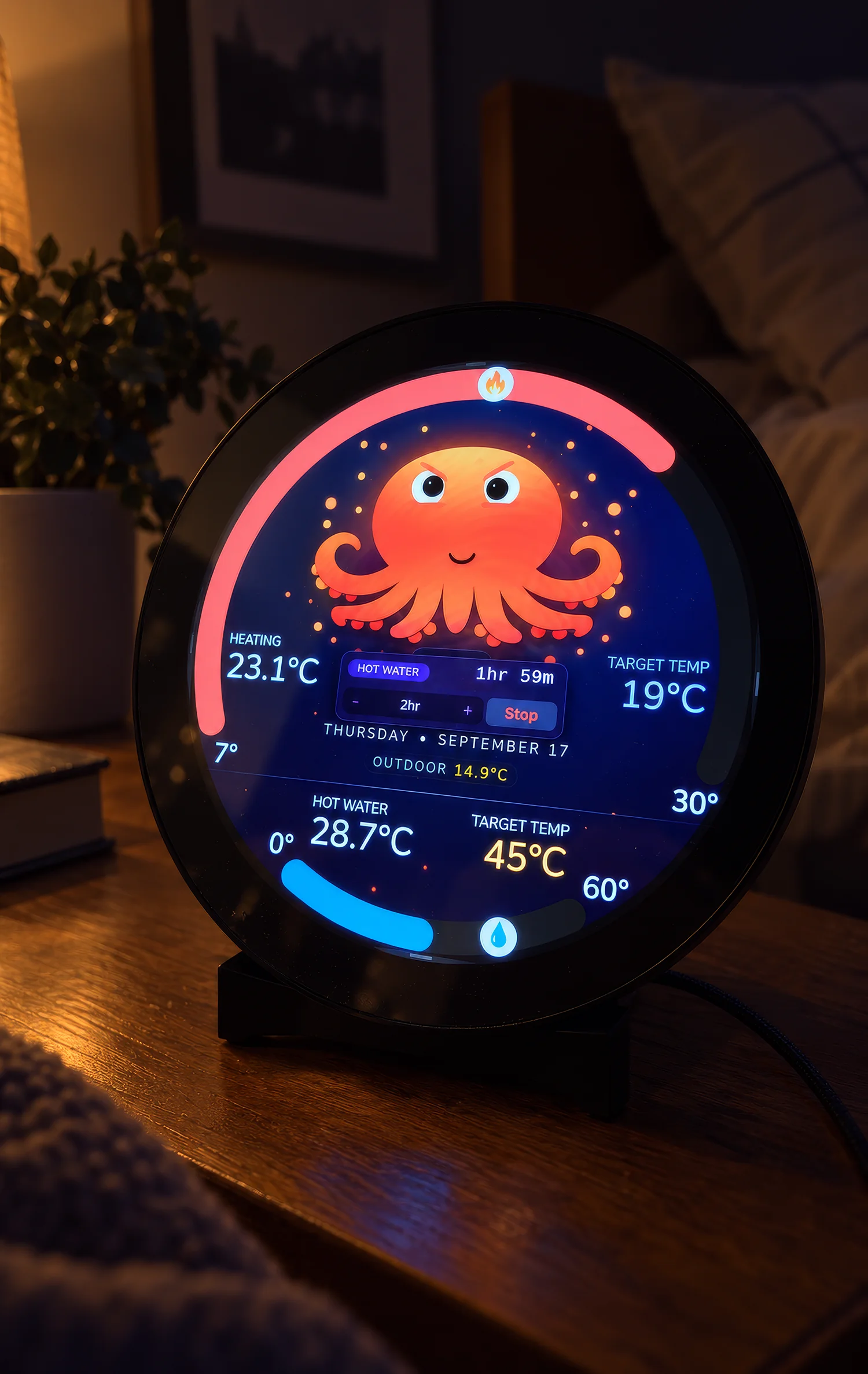 Vaya Display showing an active hot water boost and countdown timer
