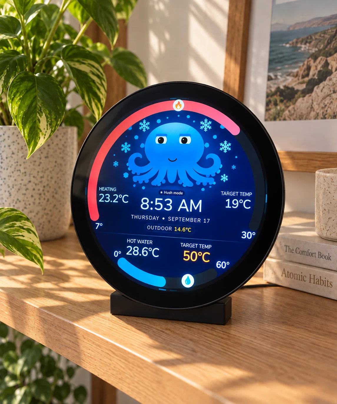Vaya Display on a shelf with its blue defrost indicator and current temperatures