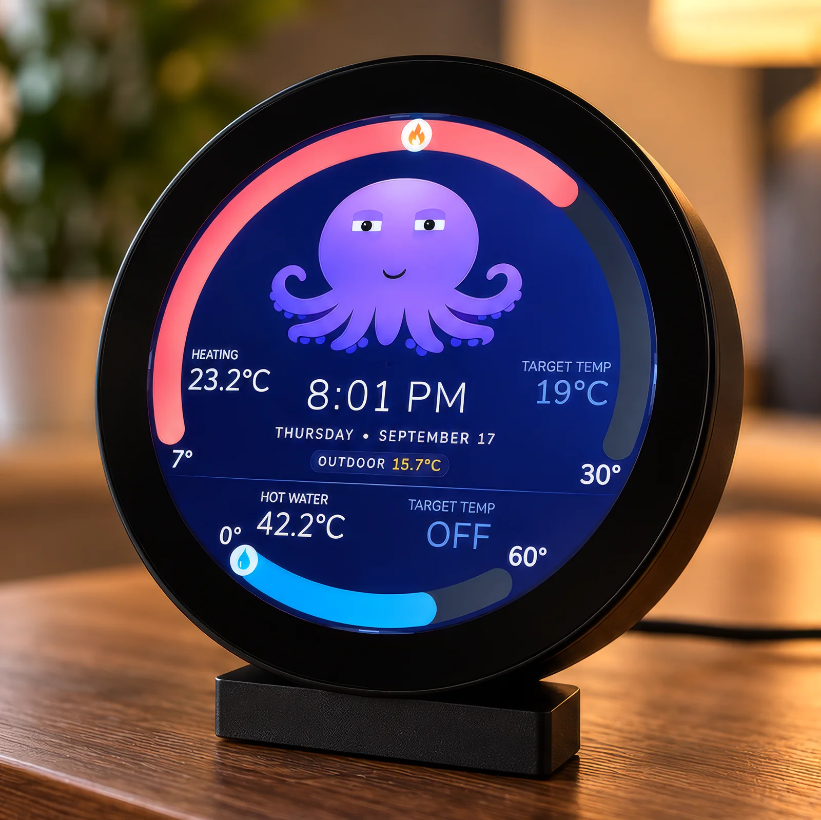 Vaya Display on its desk stand, showing room temperature, hot water and heating targets