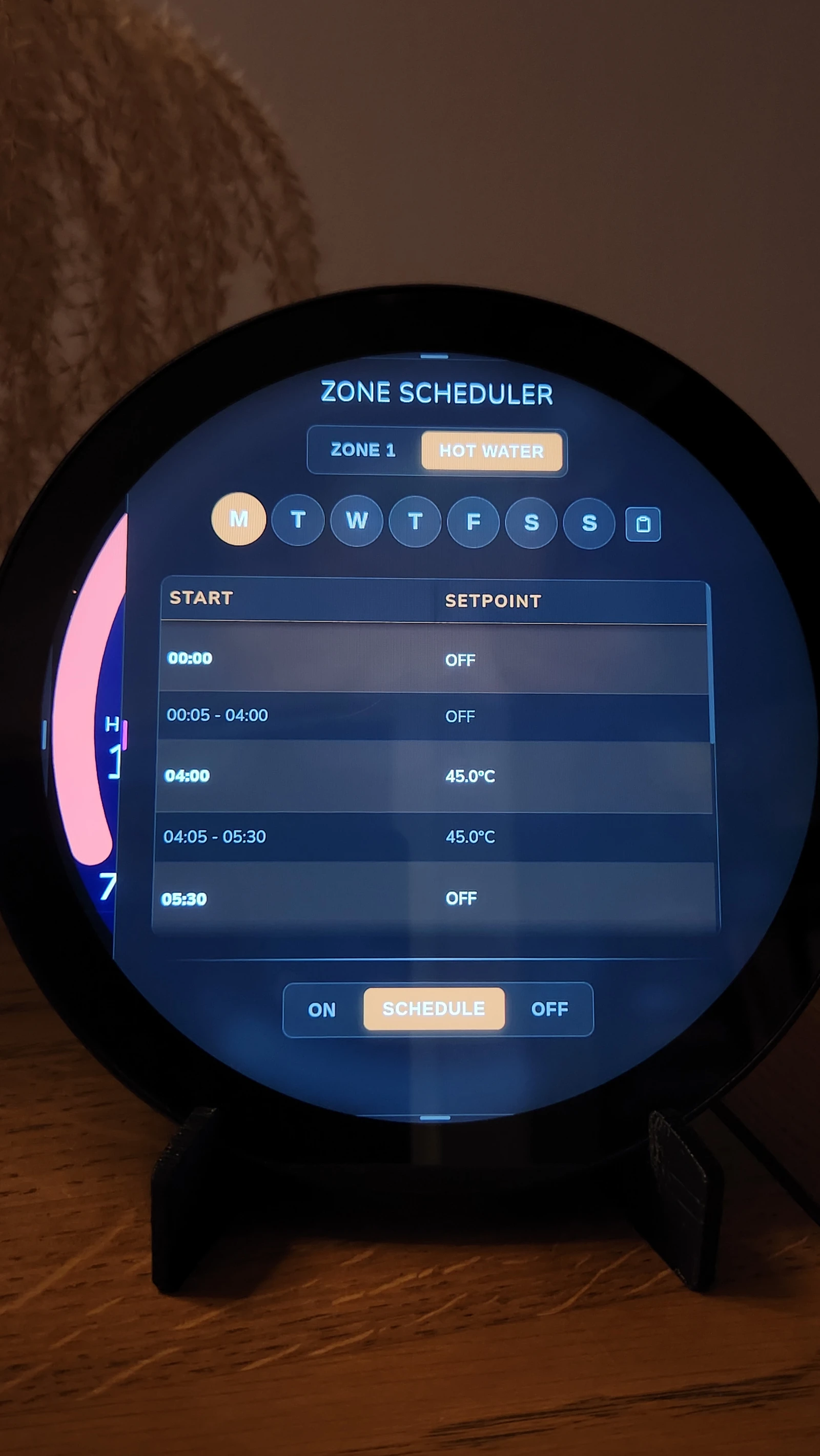 Vaya Display touchscreen showing scheduled heating entries and their temperature targets